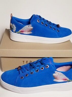 Ted Baker Electric Blue Suede Floral-Embroidered Women’s Sneakers